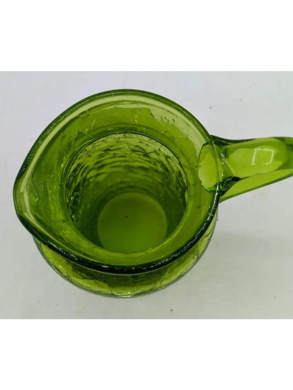 Vintage Green Crackle Glass Small Miniature Pitcher Hand Blown 3.5